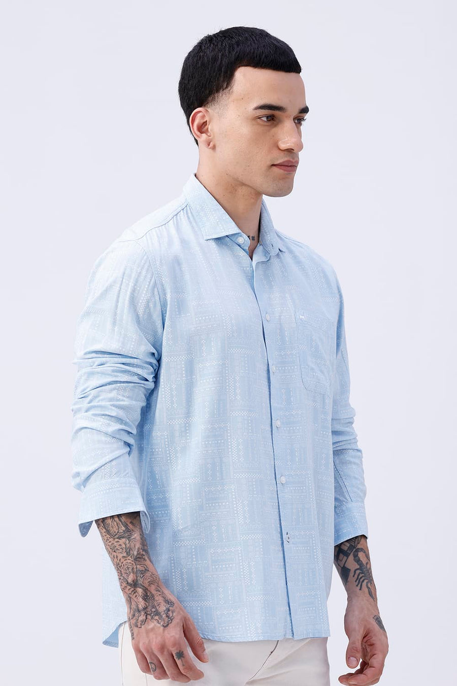 BASICS SLIM FIT SUMMER BLUE COTTON VISCOSE PRINTED SHIRT