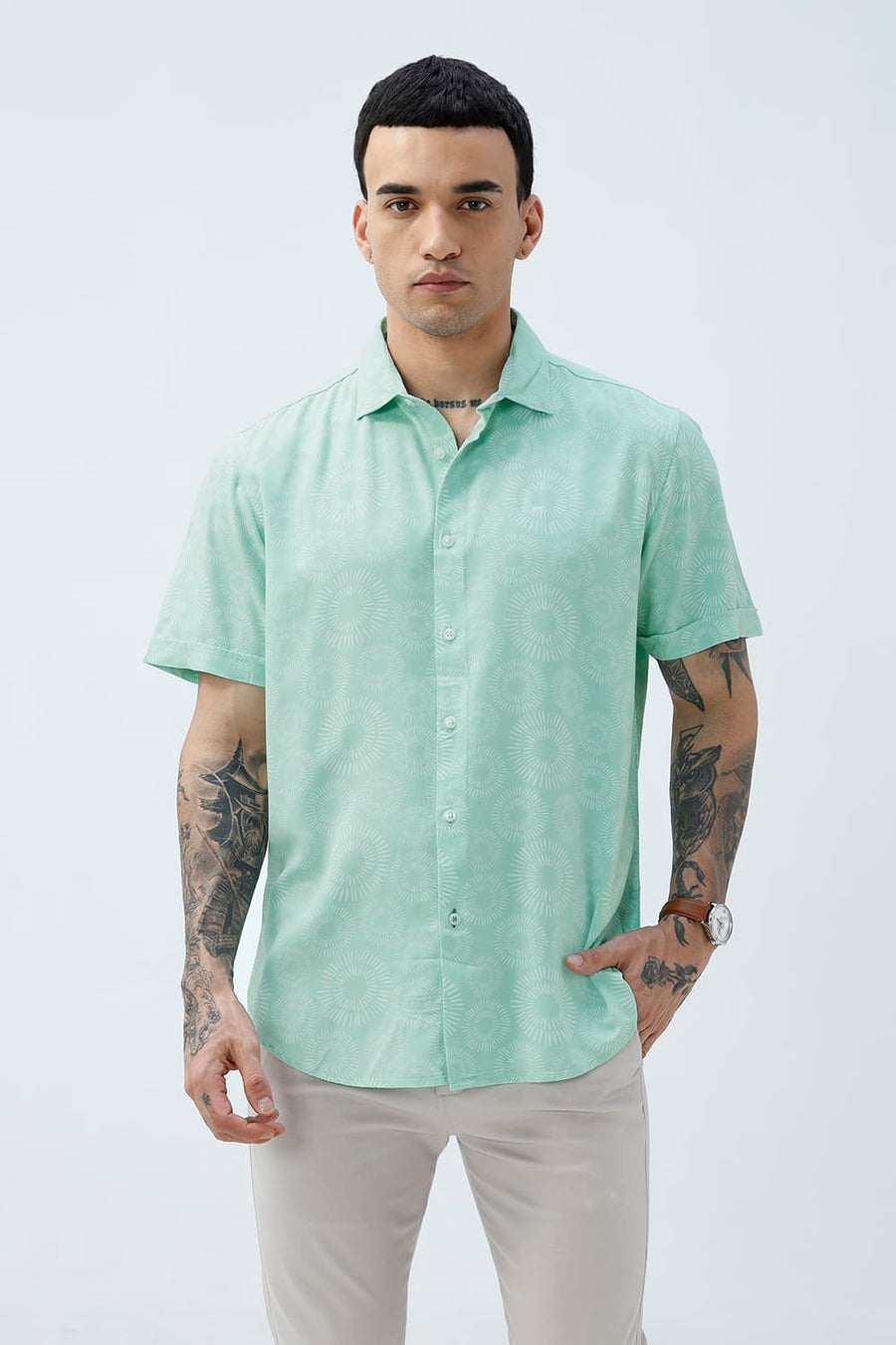BASICS SLIM FIT  COTTON VISCOSE PRINTED HALFSLEEVES SHIRT