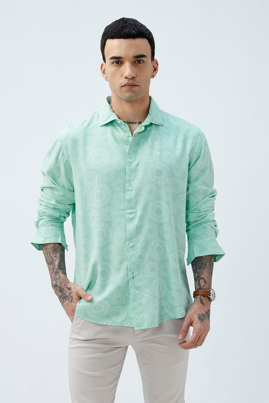 BASICS SLIM FIT  COTTON VISCOSE PRINTED SHIRT