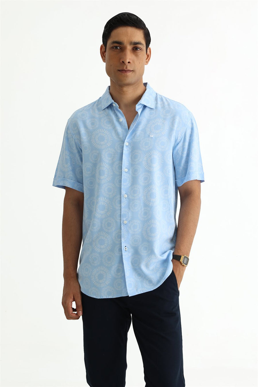 BASICS SLIM FIT  COTTON VISCOSE PRINTED SHIRT