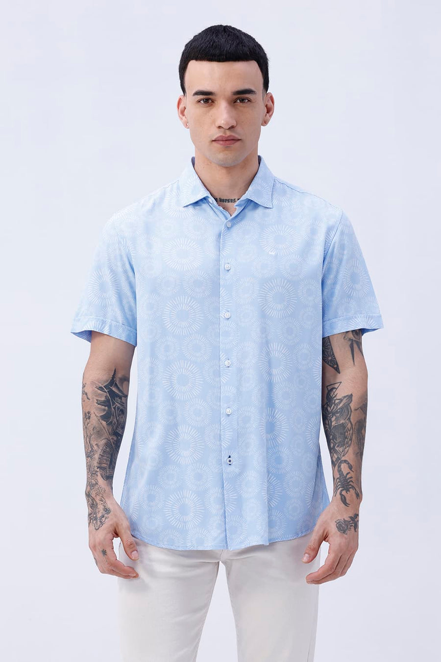 BASICS SLIM FIT  COTTON VISCOSE PRINTED HALFSLEEVES SHIRT