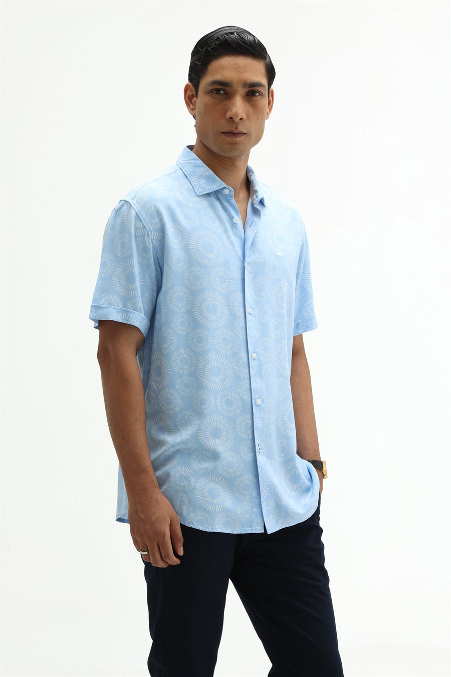 BASICS SLIM FIT  COTTON VISCOSE PRINTED SHIRT