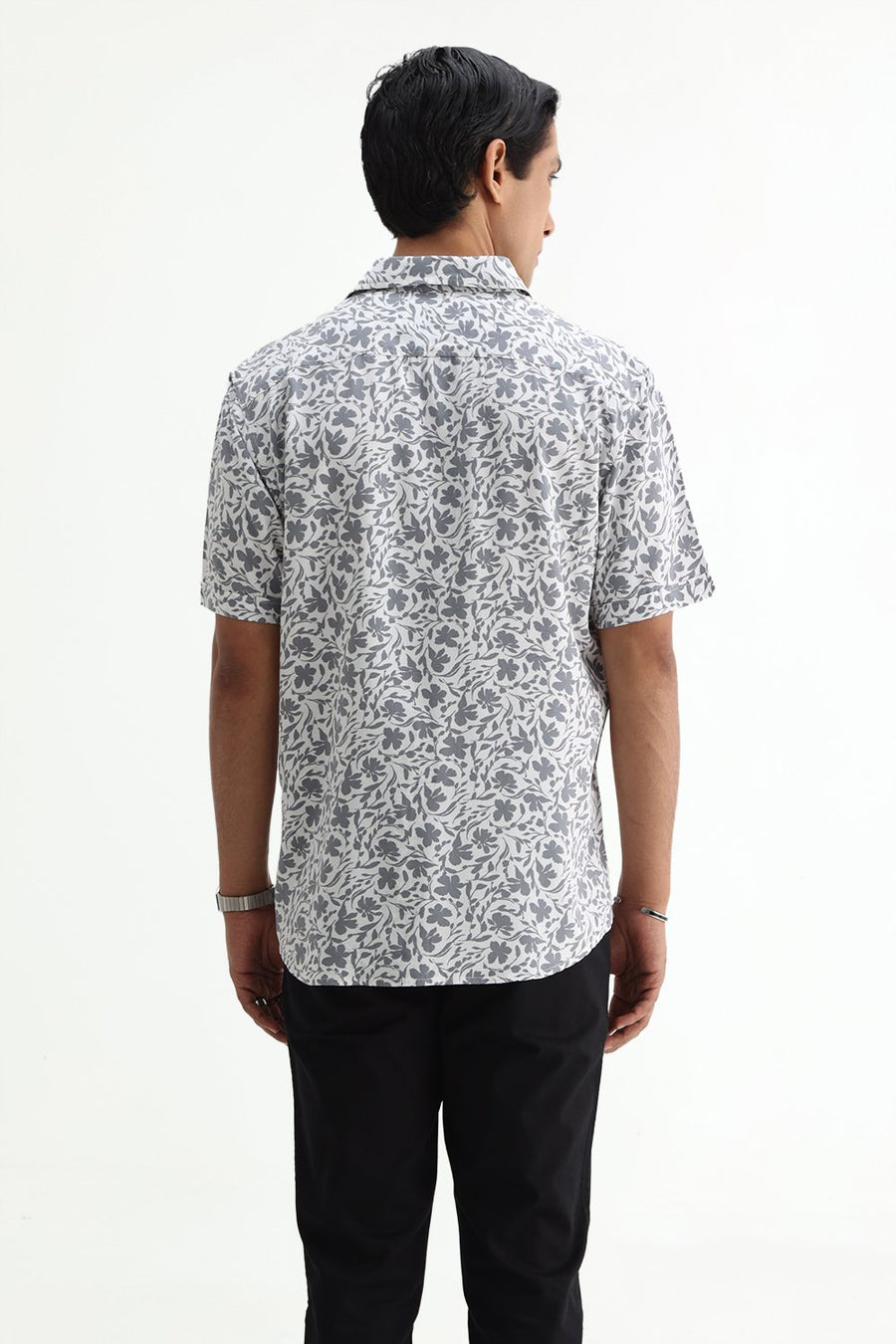 BASICS SLIM FIT ULTIMATE GREY COTTON VISCOSE PRINTED HALFSLEEVES SHIRT