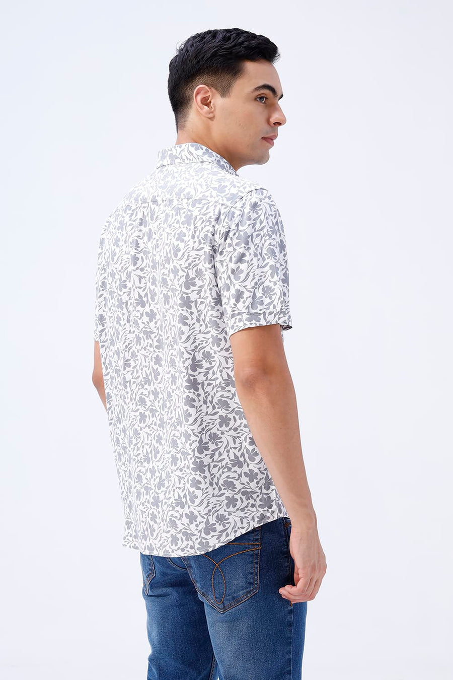 BASICS SLIM FIT ULTIMATE GREY COTTON VISCOSE PRINTED HALFSLEEVES SHIRT