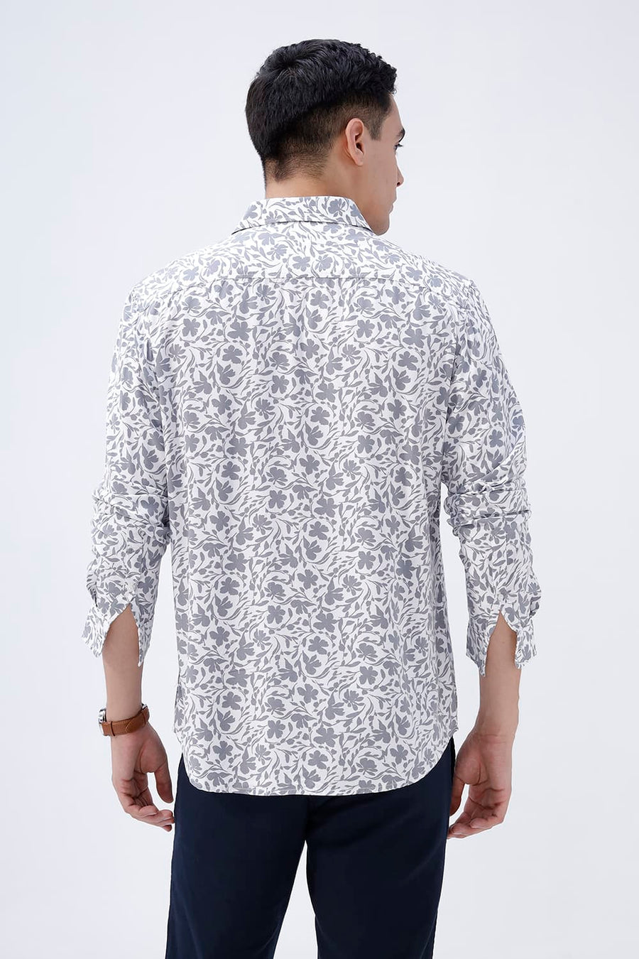 BASICS SLIM FIT ULTIMATE GREY COTTON VISCOSE PRINTED SHIRT