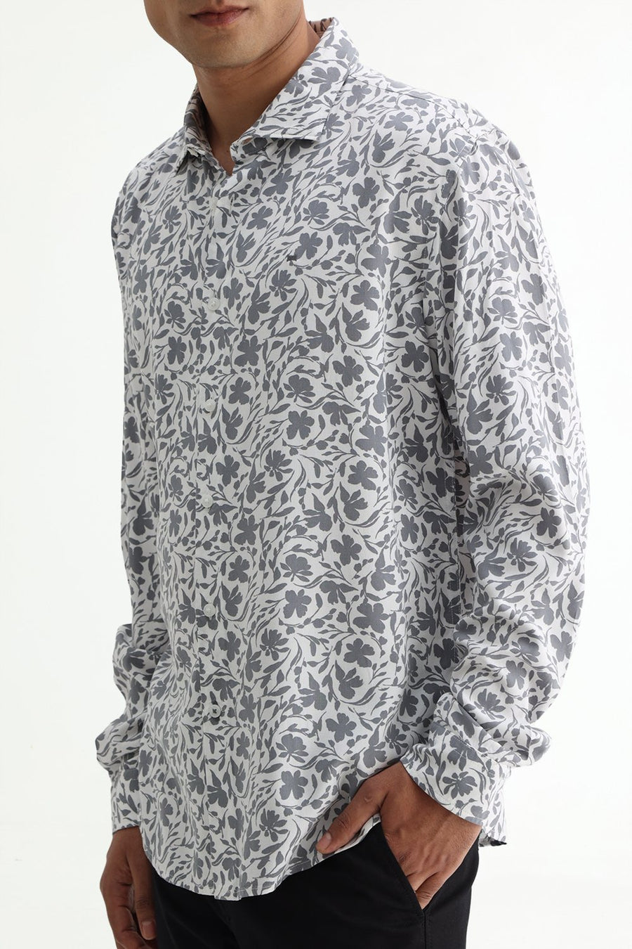 BASICS SLIM FIT ULTIMATE GREY COTTON VISCOSE PRINTED SHIRT