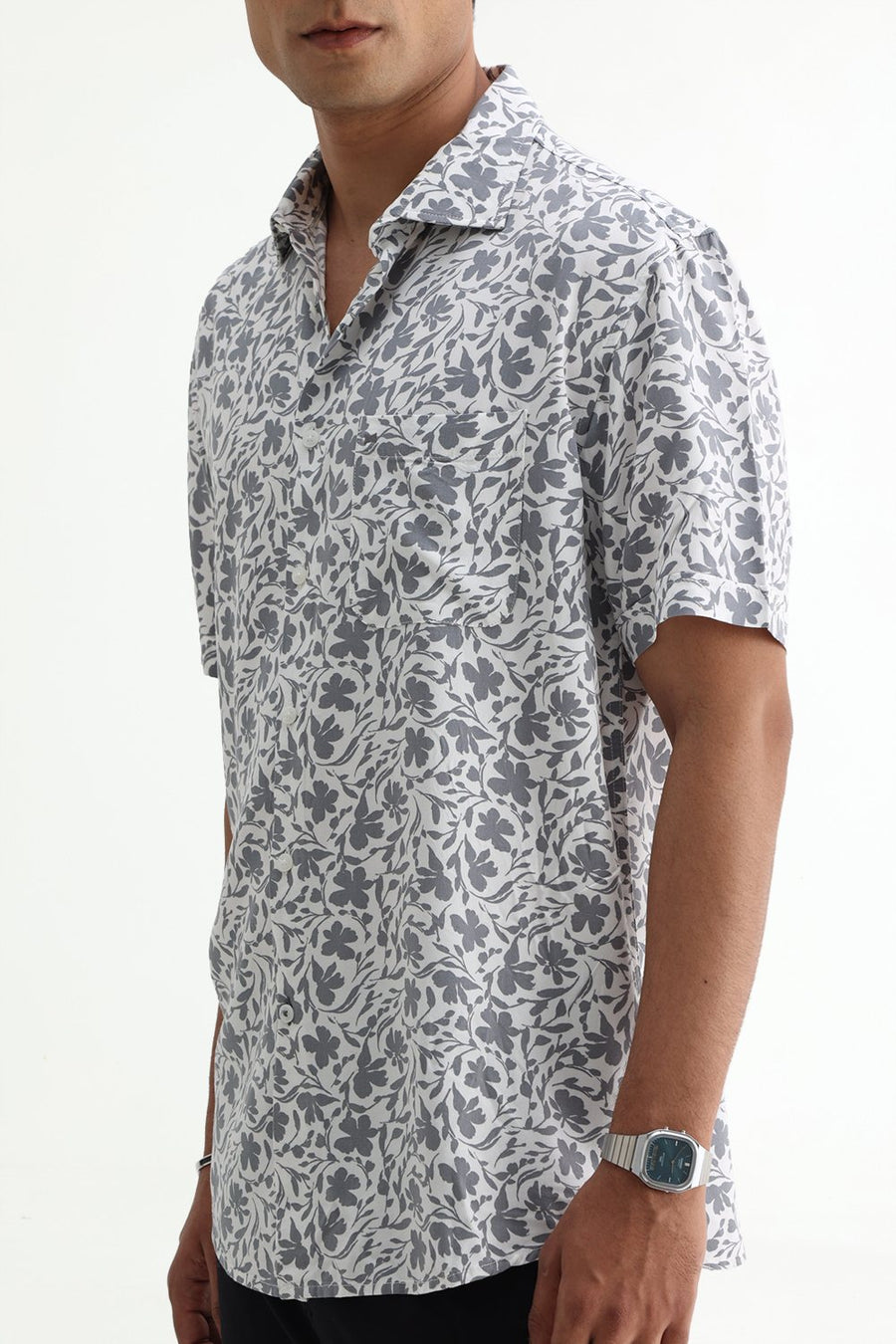 BASICS SLIM FIT ULTIMATE GREY COTTON VISCOSE PRINTED HALFSLEEVES SHIRT