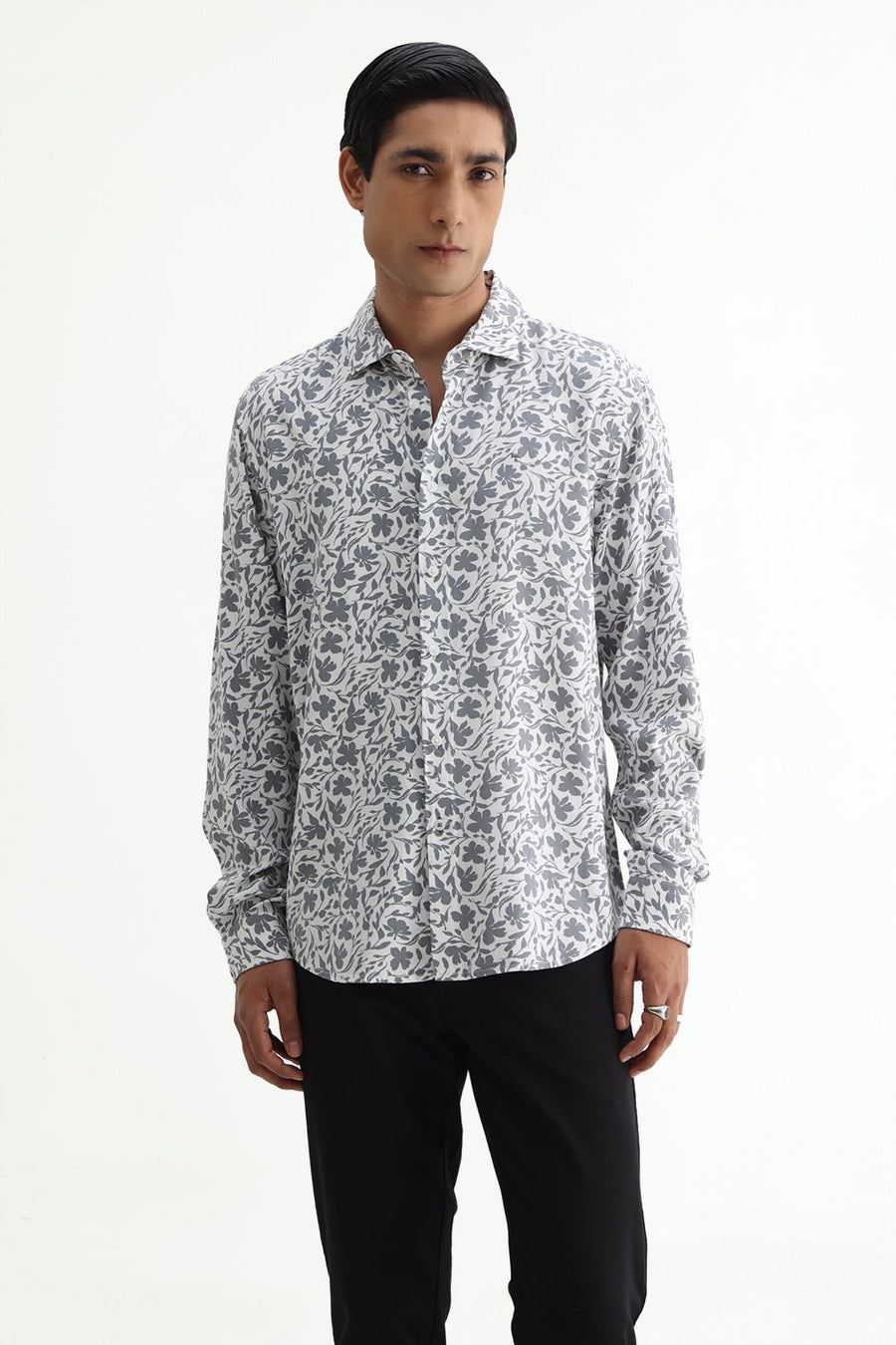 BASICS SLIM FIT ULTIMATE GREY COTTON VISCOSE PRINTED SHIRT