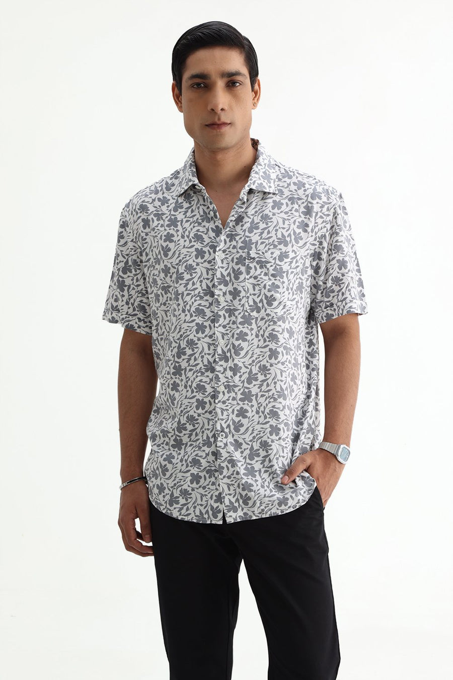 BASICS SLIM FIT ULTIMATE GREY COTTON VISCOSE PRINTED HALFSLEEVES SHIRT