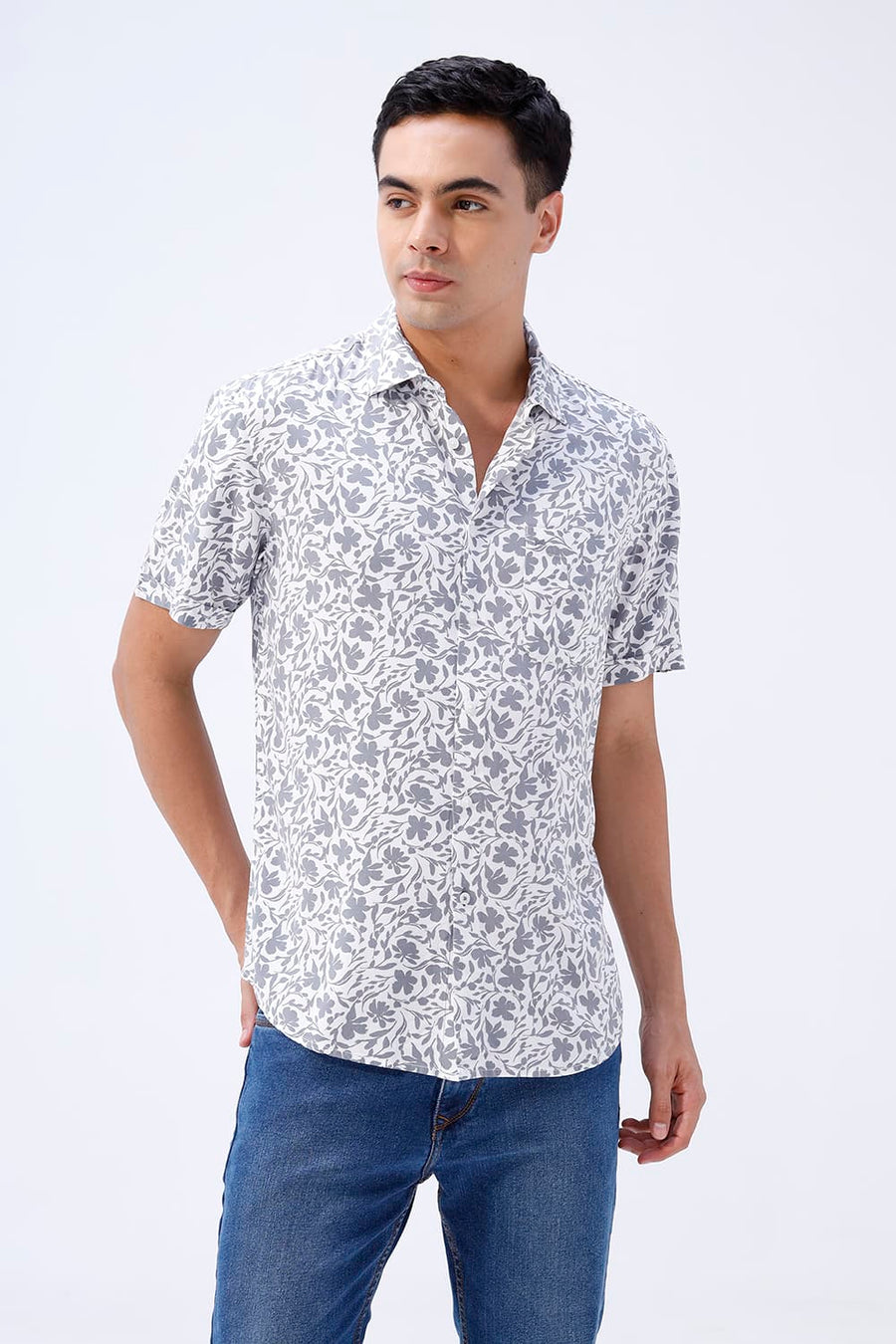 BASICS SLIM FIT ULTIMATE GREY COTTON VISCOSE PRINTED HALFSLEEVES SHIRT