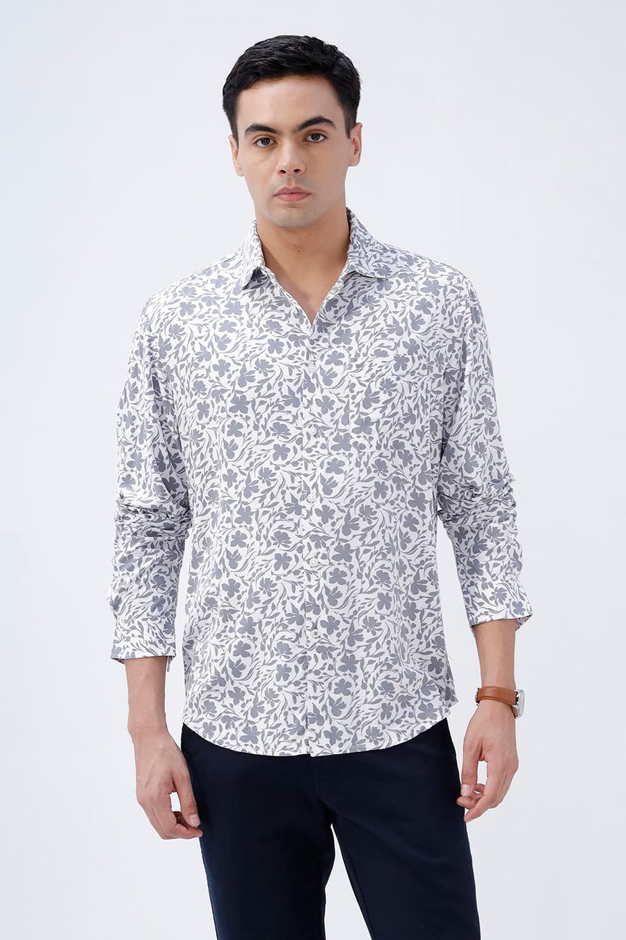 BASICS SLIM FIT ULTIMATE GREY COTTON VISCOSE PRINTED SHIRT