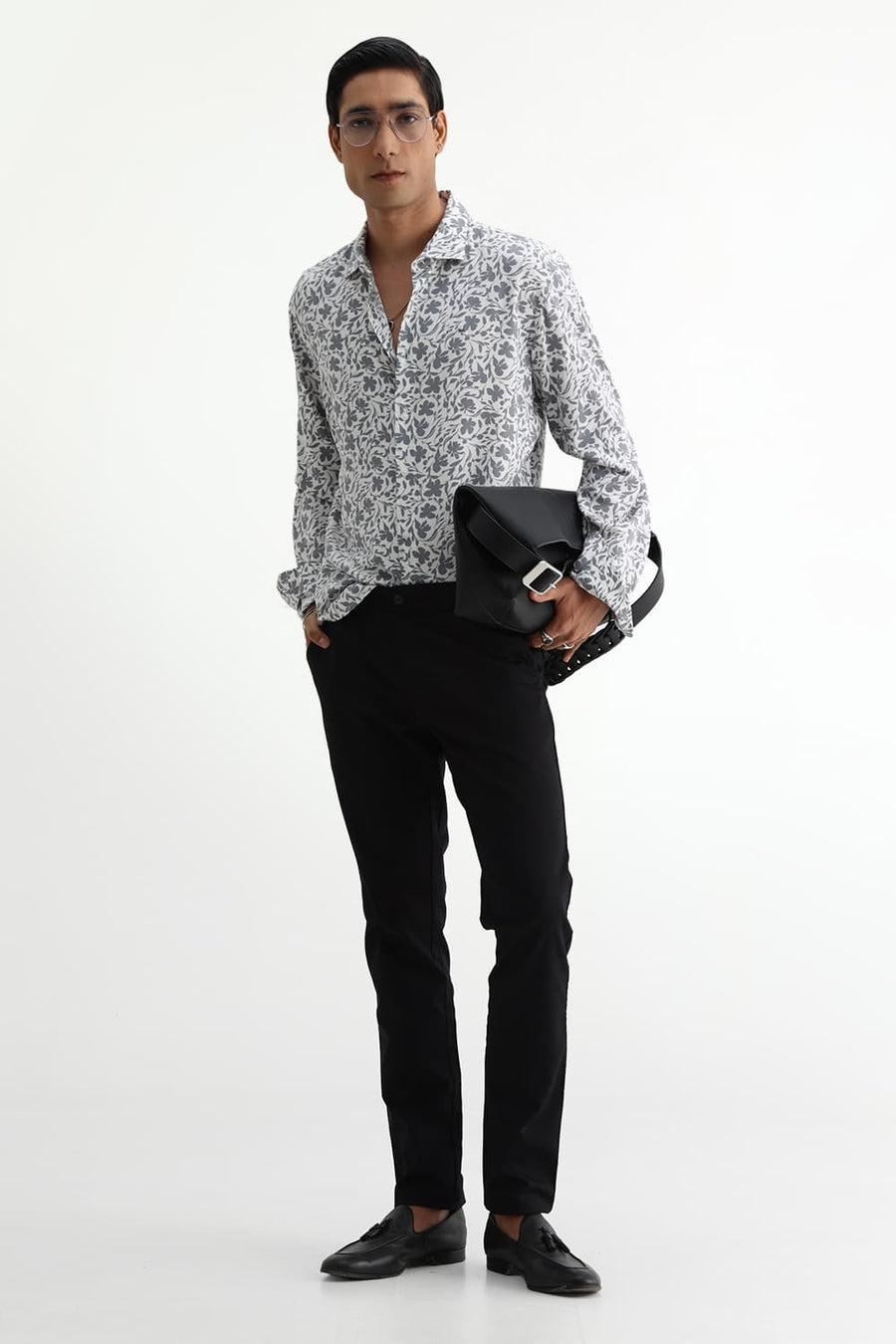 BASICS SLIM FIT ULTIMATE GREY COTTON VISCOSE PRINTED SHIRT