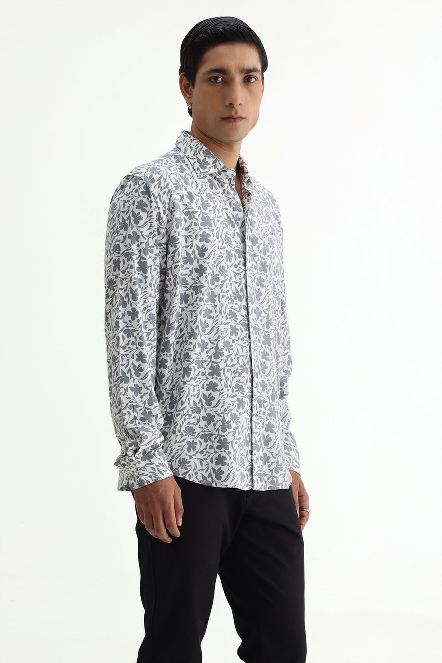 BASICS SLIM FIT ULTIMATE GREY COTTON VISCOSE PRINTED SHIRT