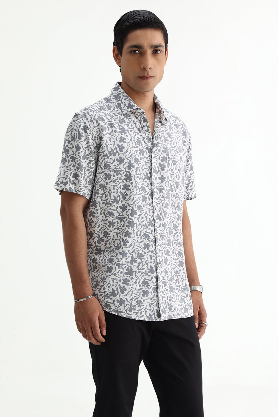 BASICS SLIM FIT ULTIMATE GREY COTTON VISCOSE PRINTED HALFSLEEVES SHIRT