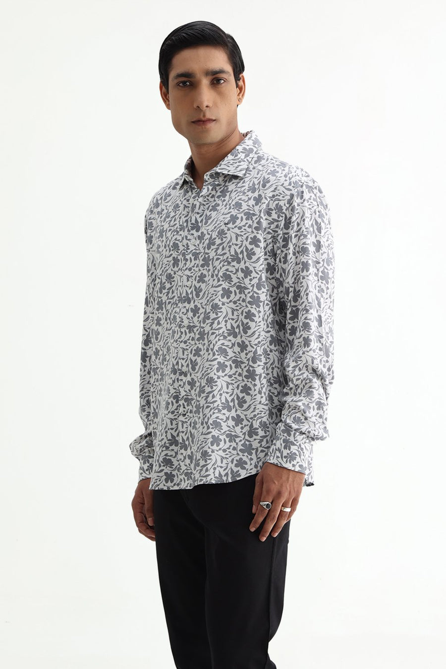 BASICS SLIM FIT ULTIMATE GREY COTTON VISCOSE PRINTED SHIRT