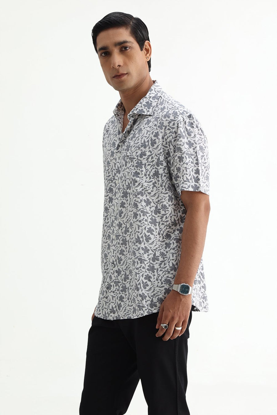 BASICS SLIM FIT ULTIMATE GREY COTTON VISCOSE PRINTED HALFSLEEVES SHIRT