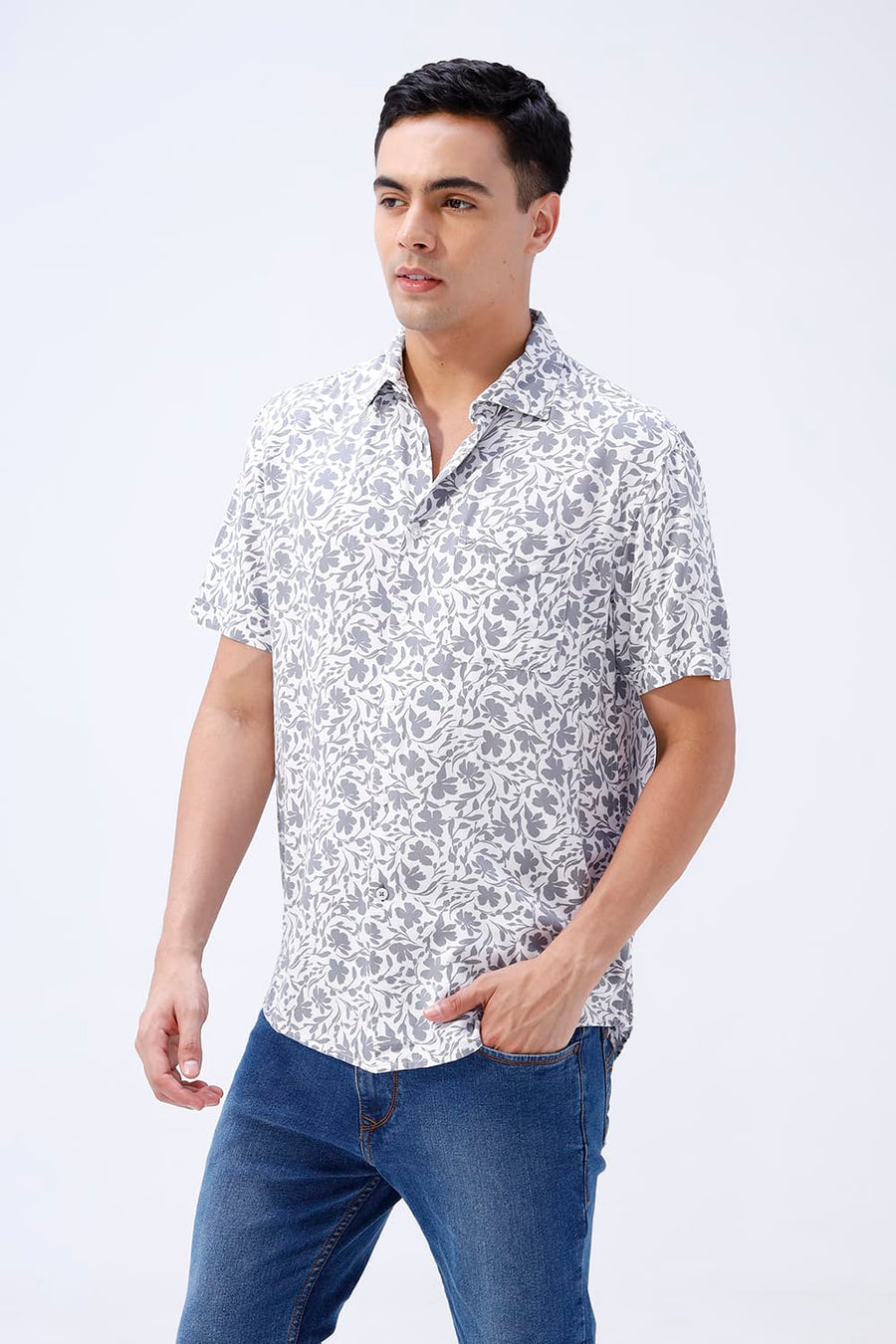 BASICS SLIM FIT ULTIMATE GREY COTTON VISCOSE PRINTED HALFSLEEVES SHIRT