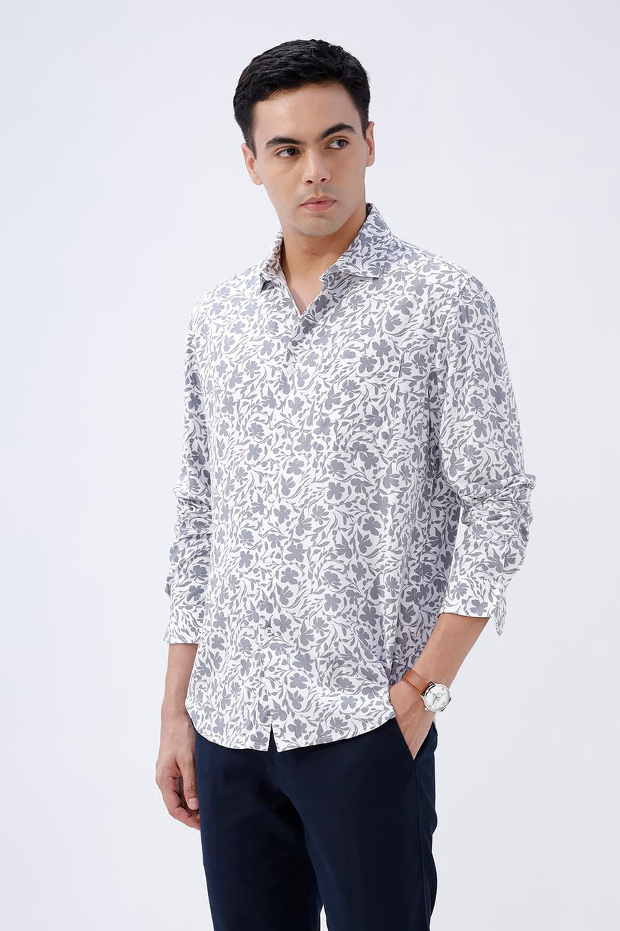 BASICS SLIM FIT ULTIMATE GREY COTTON VISCOSE PRINTED SHIRT