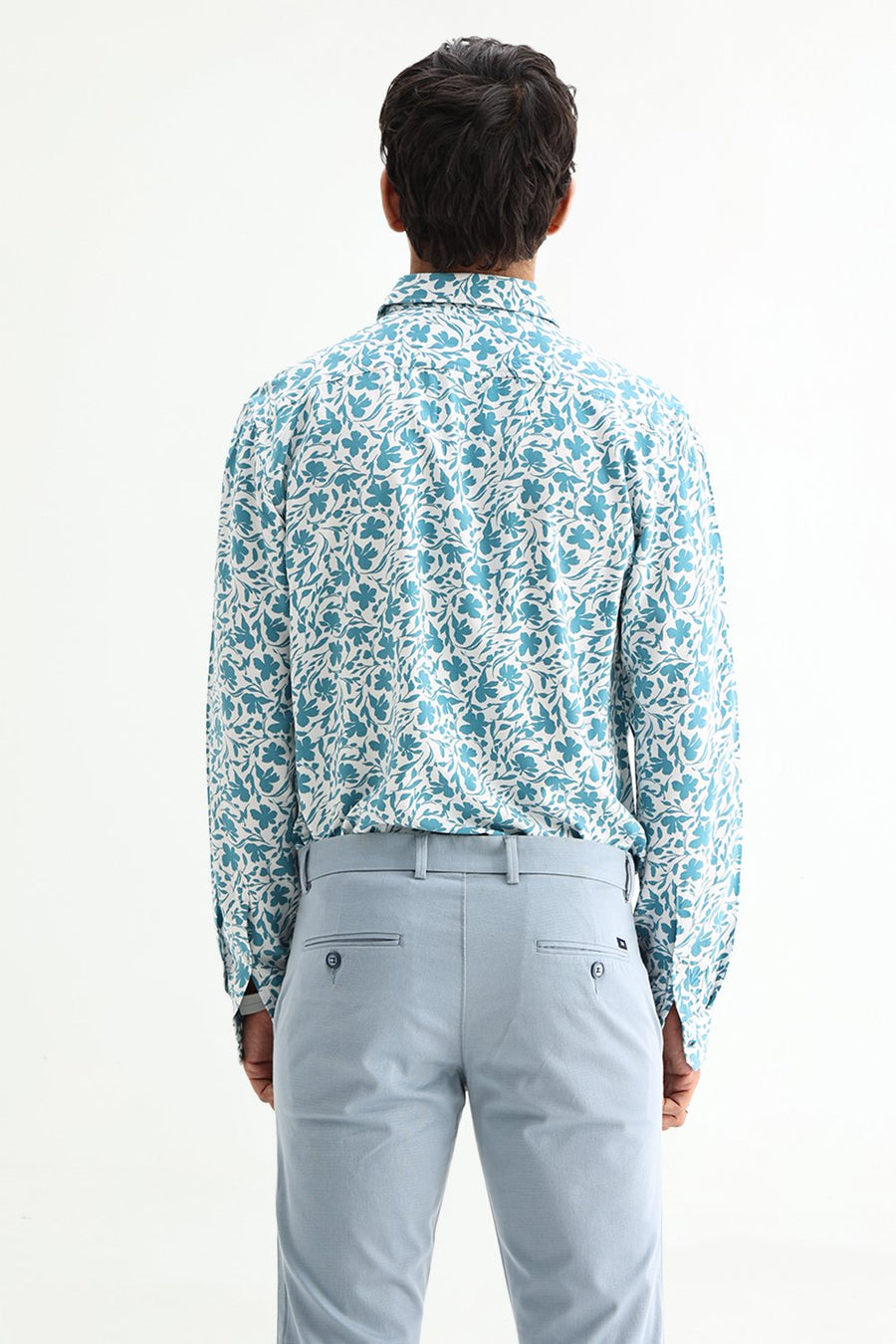 BASICS SLIM FIT TEAL PLUME COTTON VISCOSE PRINTED SHIRT