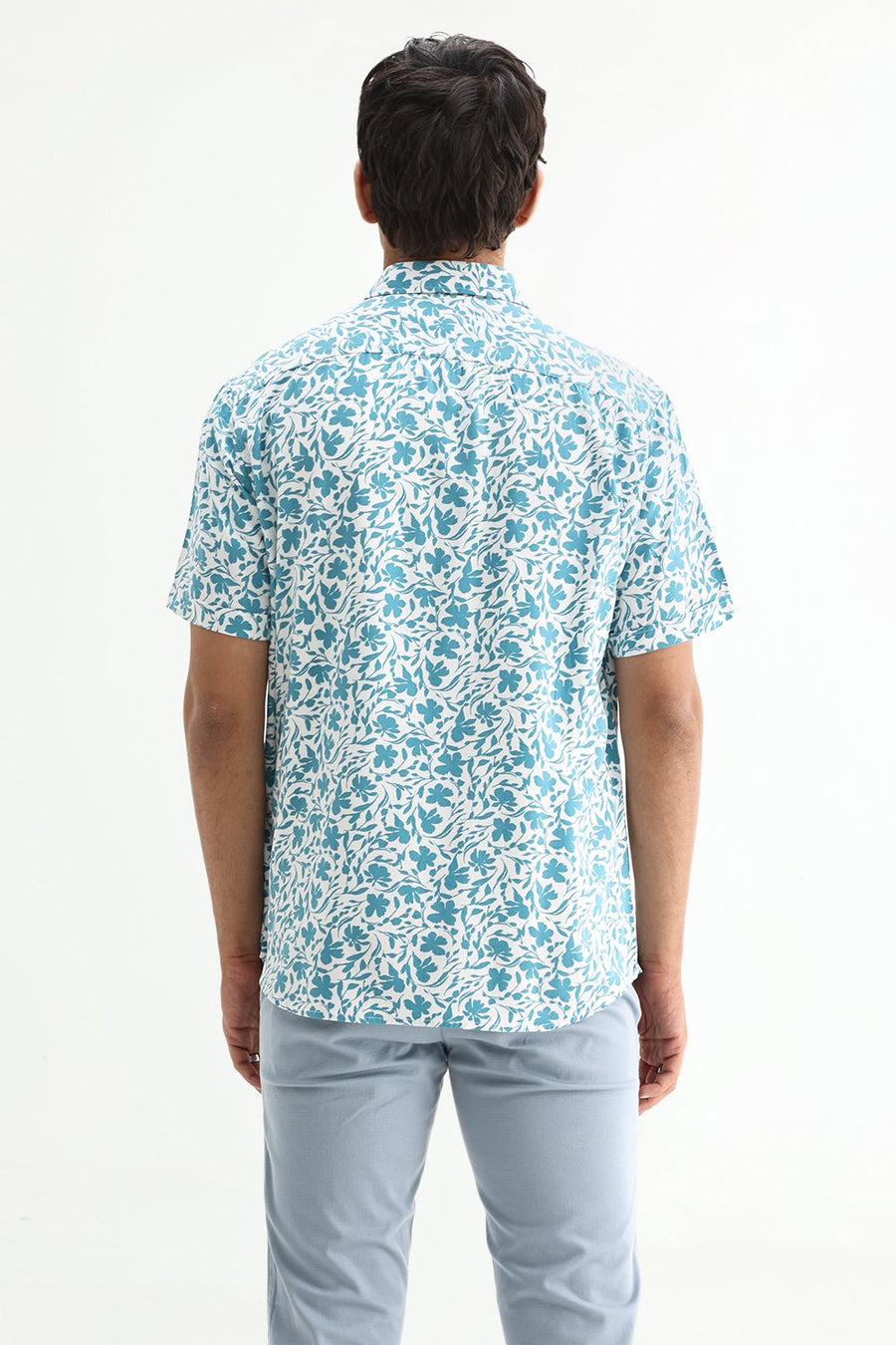 BASICS SLIM FIT TEAL PLUME COTTON VISCOSE PRINTED HALFSLEEVES SHIRT