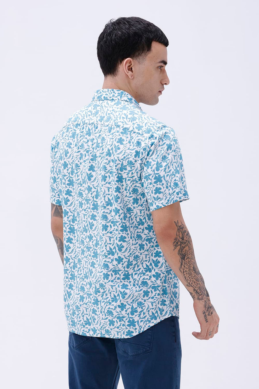 BASICS SLIM FIT TEAL PLUME COTTON VISCOSE PRINTED HALFSLEEVES SHIRT
