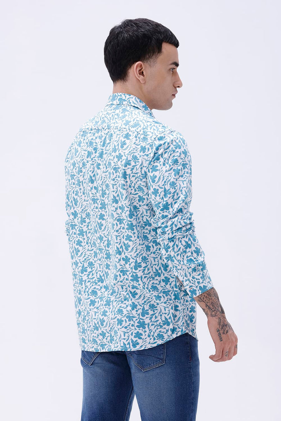 BASICS SLIM FIT TEAL PLUME COTTON VISCOSE PRINTED SHIRT