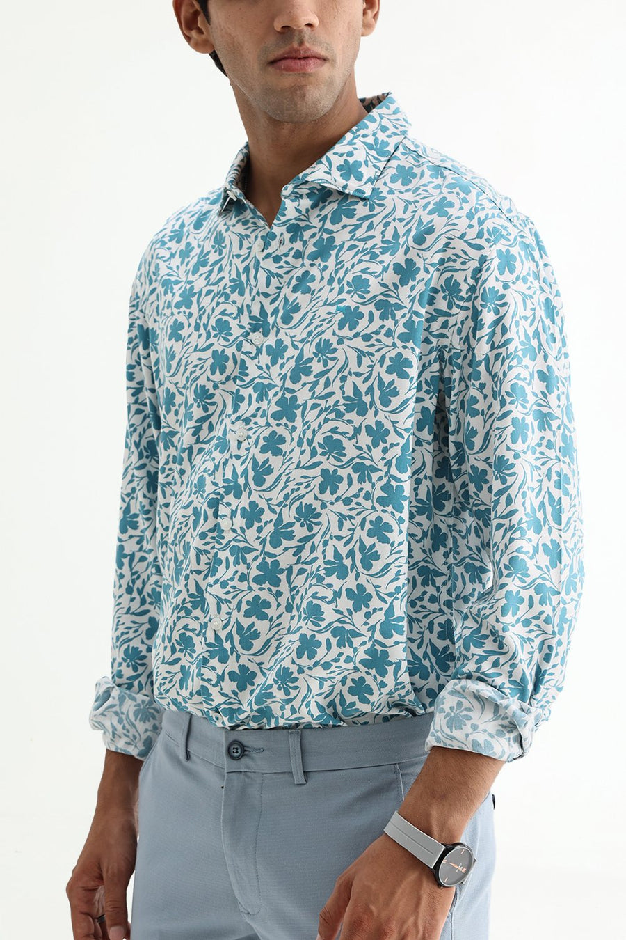 BASICS SLIM FIT TEAL PLUME COTTON VISCOSE PRINTED SHIRT