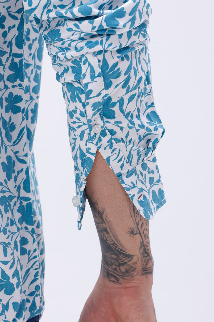 BASICS SLIM FIT TEAL PLUME COTTON VISCOSE PRINTED SHIRT