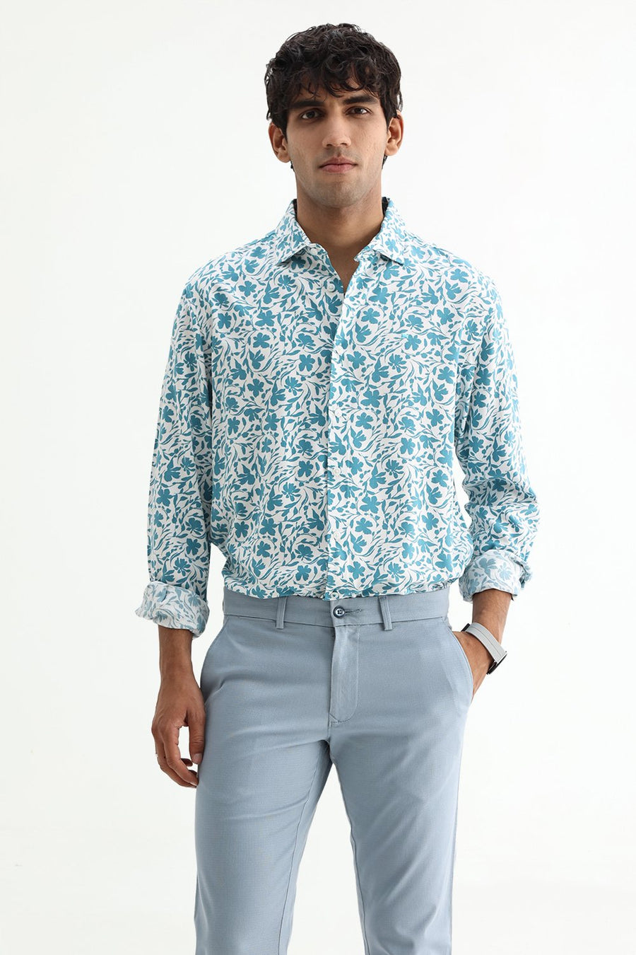 BASICS SLIM FIT TEAL PLUME COTTON VISCOSE PRINTED SHIRT