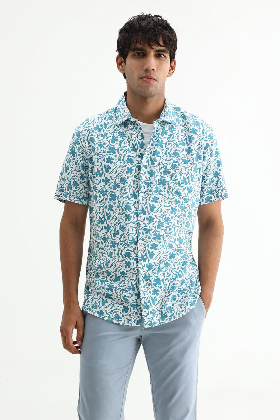 BASICS SLIM FIT TEAL PLUME COTTON VISCOSE PRINTED HALFSLEEVES SHIRT