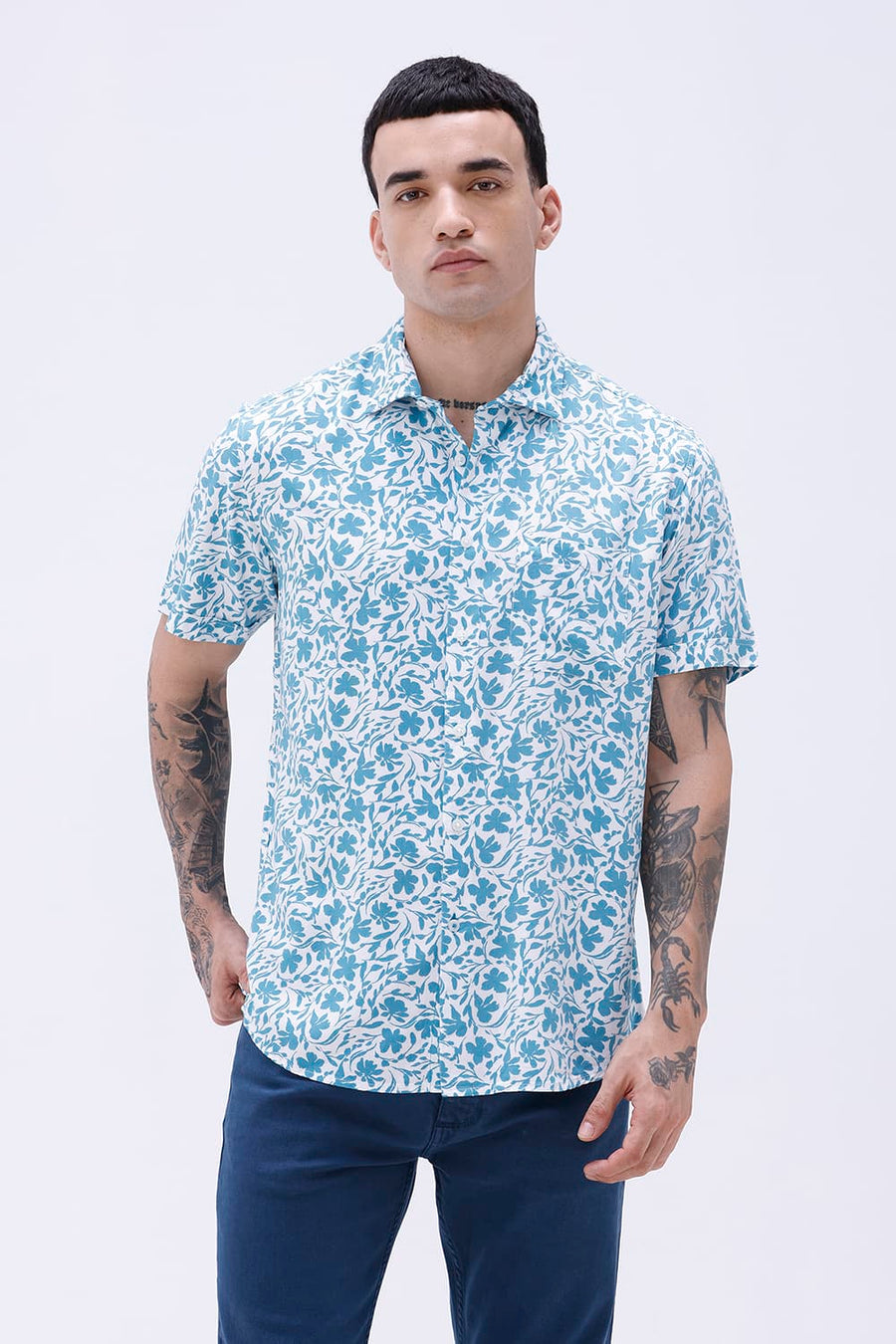 BASICS SLIM FIT TEAL PLUME COTTON VISCOSE PRINTED HALFSLEEVES SHIRT