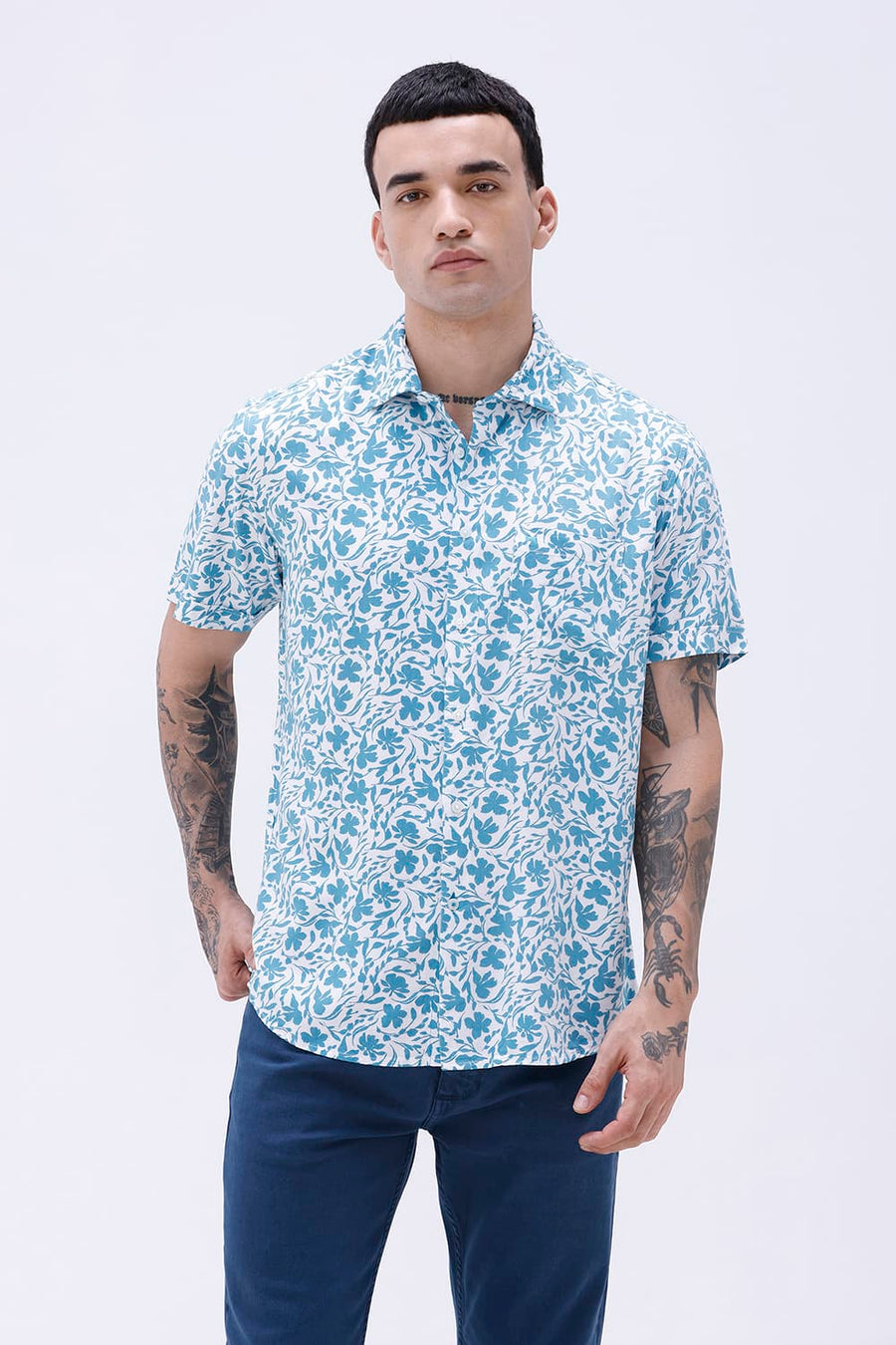 BASICS SLIM FIT TEAL PLUME COTTON VISCOSE PRINTED SHIRT