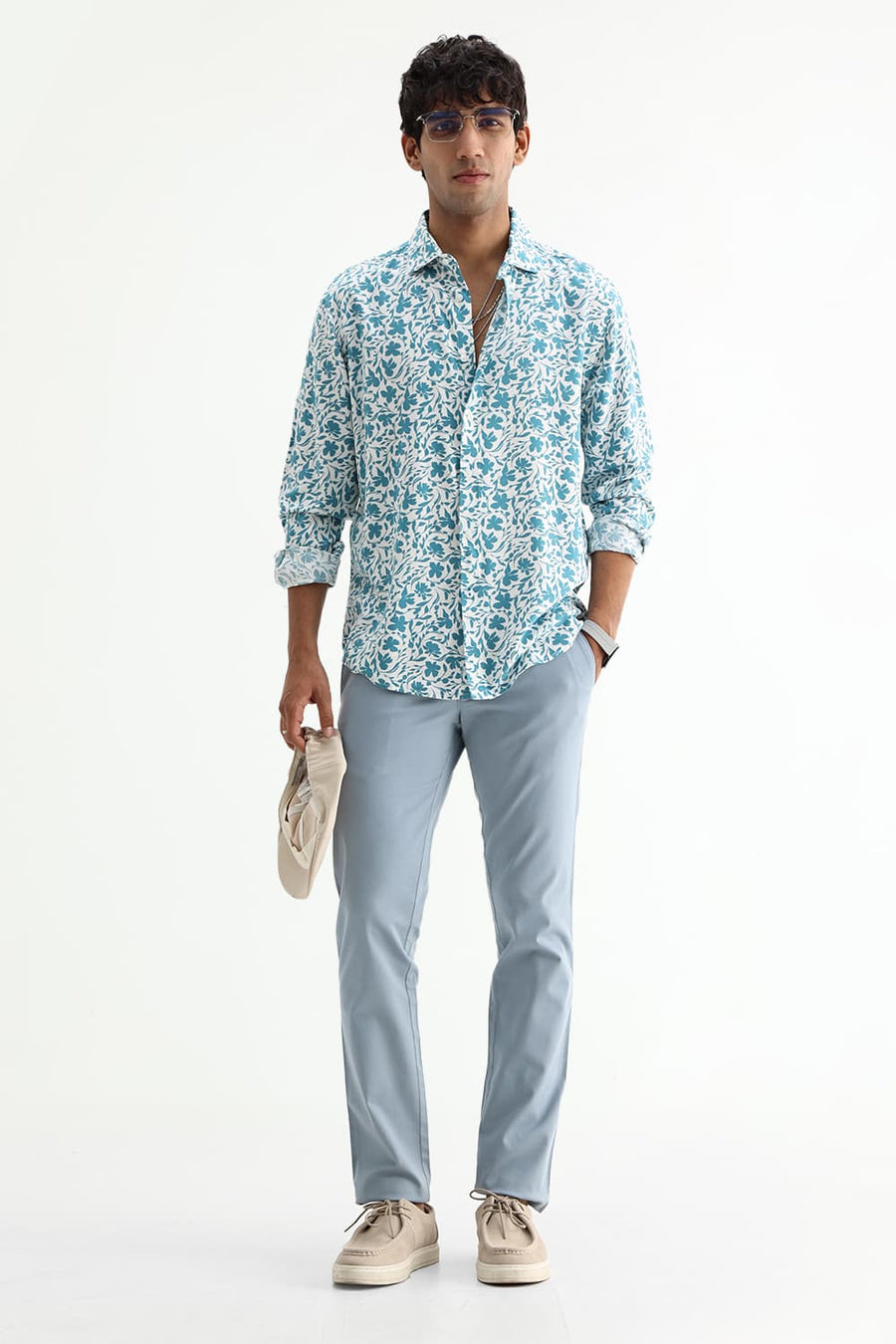 BASICS SLIM FIT TEAL PLUME COTTON VISCOSE PRINTED SHIRT