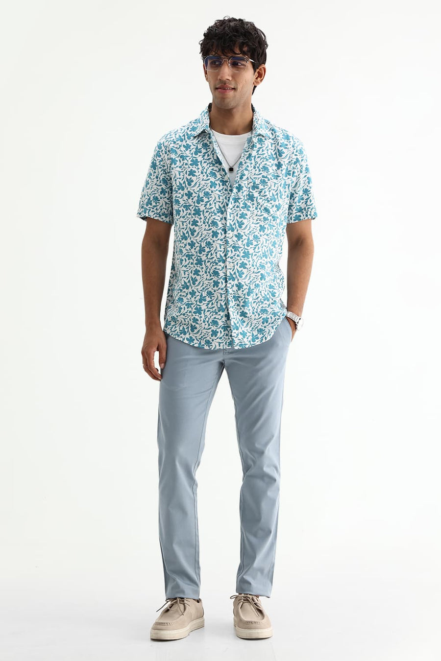 BASICS SLIM FIT TEAL PLUME COTTON VISCOSE PRINTED HALFSLEEVES SHIRT