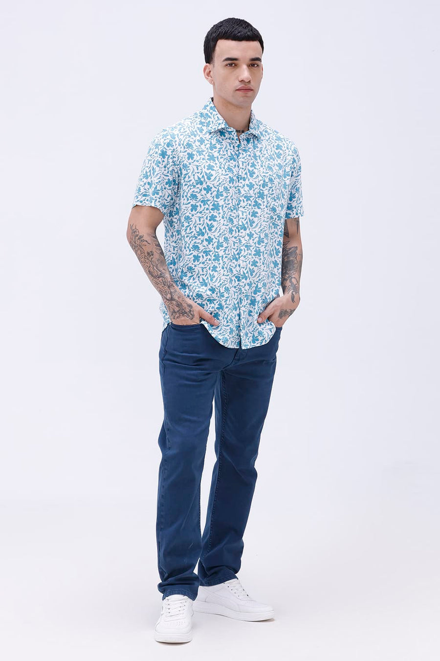 BASICS SLIM FIT TEAL PLUME COTTON VISCOSE PRINTED HALFSLEEVES SHIRT