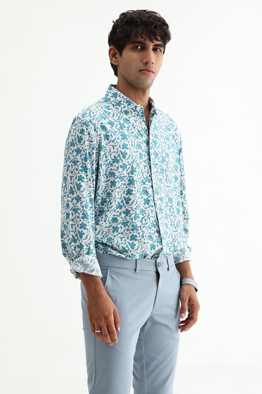 BASICS SLIM FIT TEAL PLUME COTTON VISCOSE PRINTED SHIRT