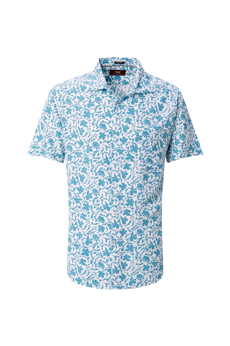 BASICS SLIM FIT TEAL PLUME COTTON VISCOSE PRINTED HALFSLEEVES SHIRT