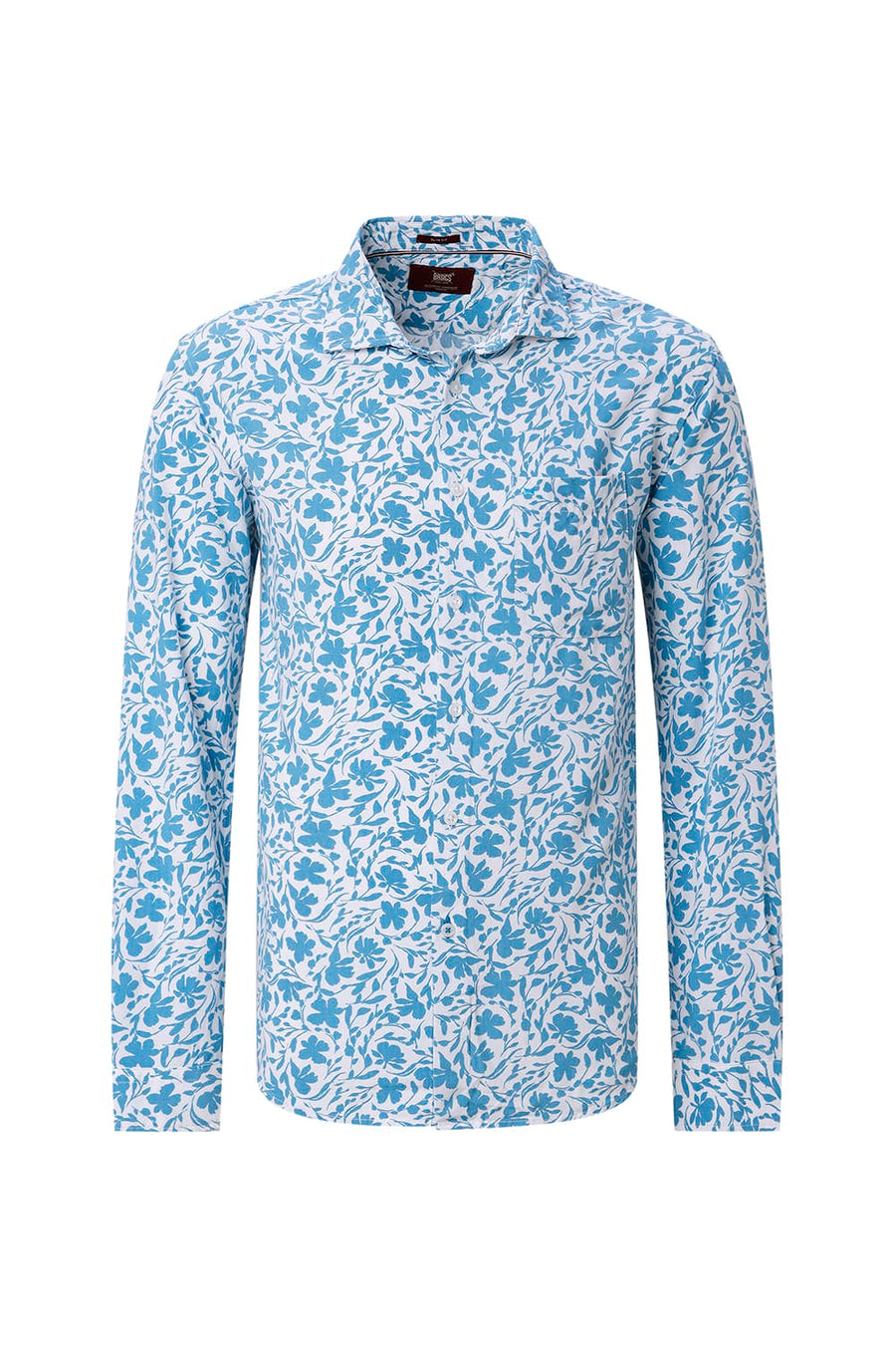 BASICS SLIM FIT TEAL PLUME COTTON VISCOSE PRINTED SHIRT