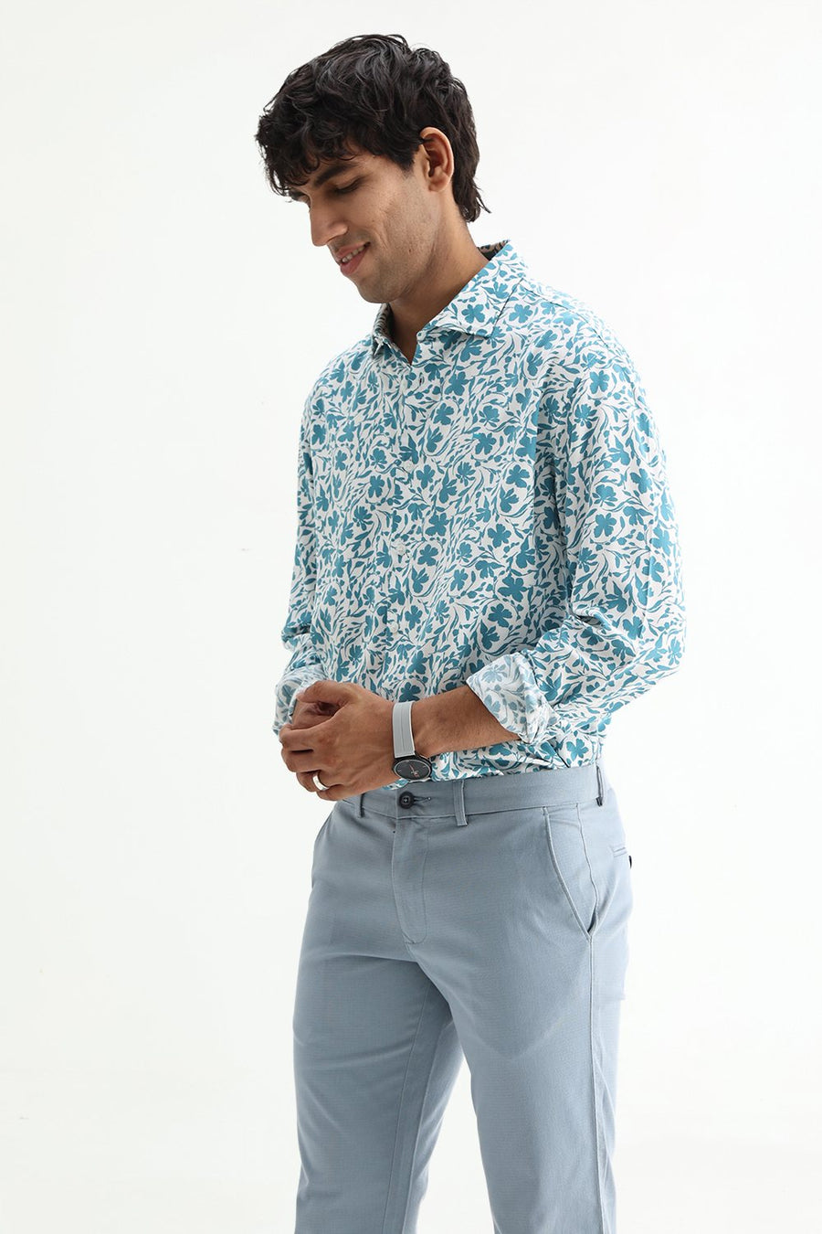 BASICS SLIM FIT TEAL PLUME COTTON VISCOSE PRINTED SHIRT