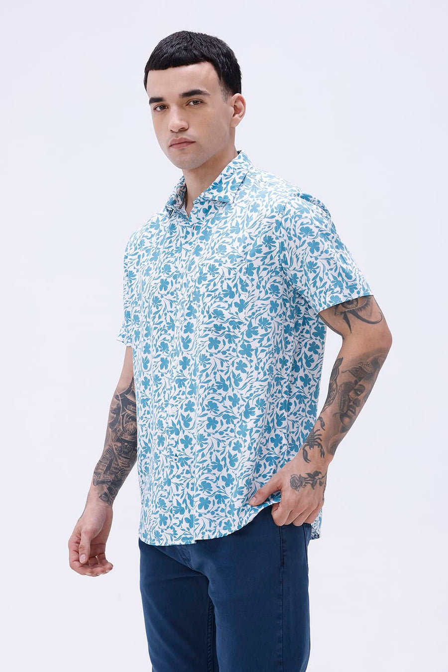 BASICS SLIM FIT TEAL PLUME COTTON VISCOSE PRINTED SHIRT