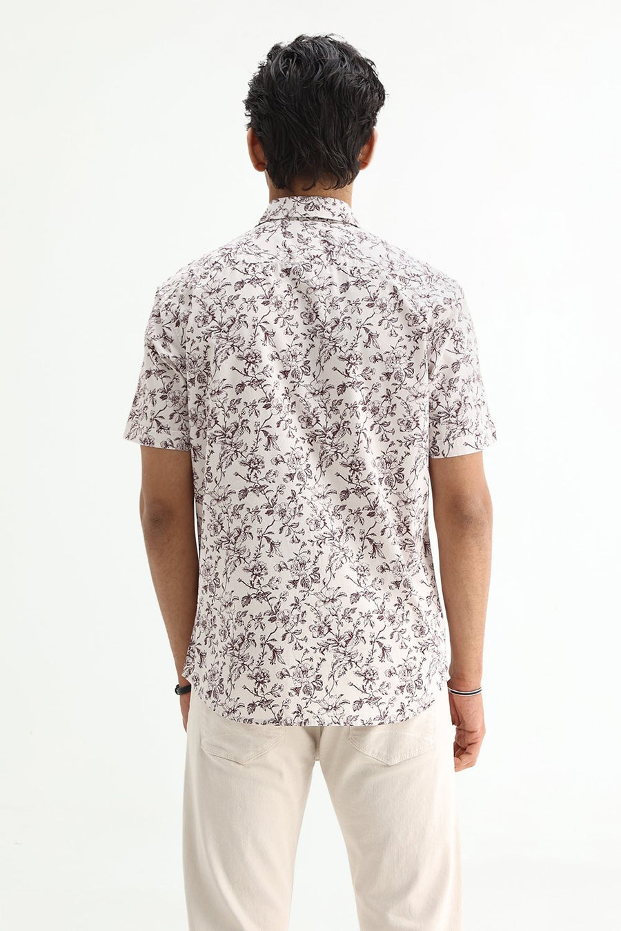 BASICS SLIM FIT CRYSTAL GREY COTTON POPLIN PRINTED SHIRT