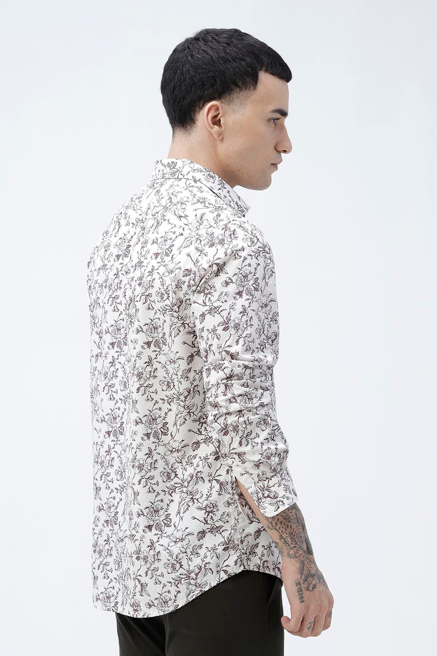 BASICS SLIM FIT CRYSTAL GREY COTTON POPLIN PRINTED SHIRT