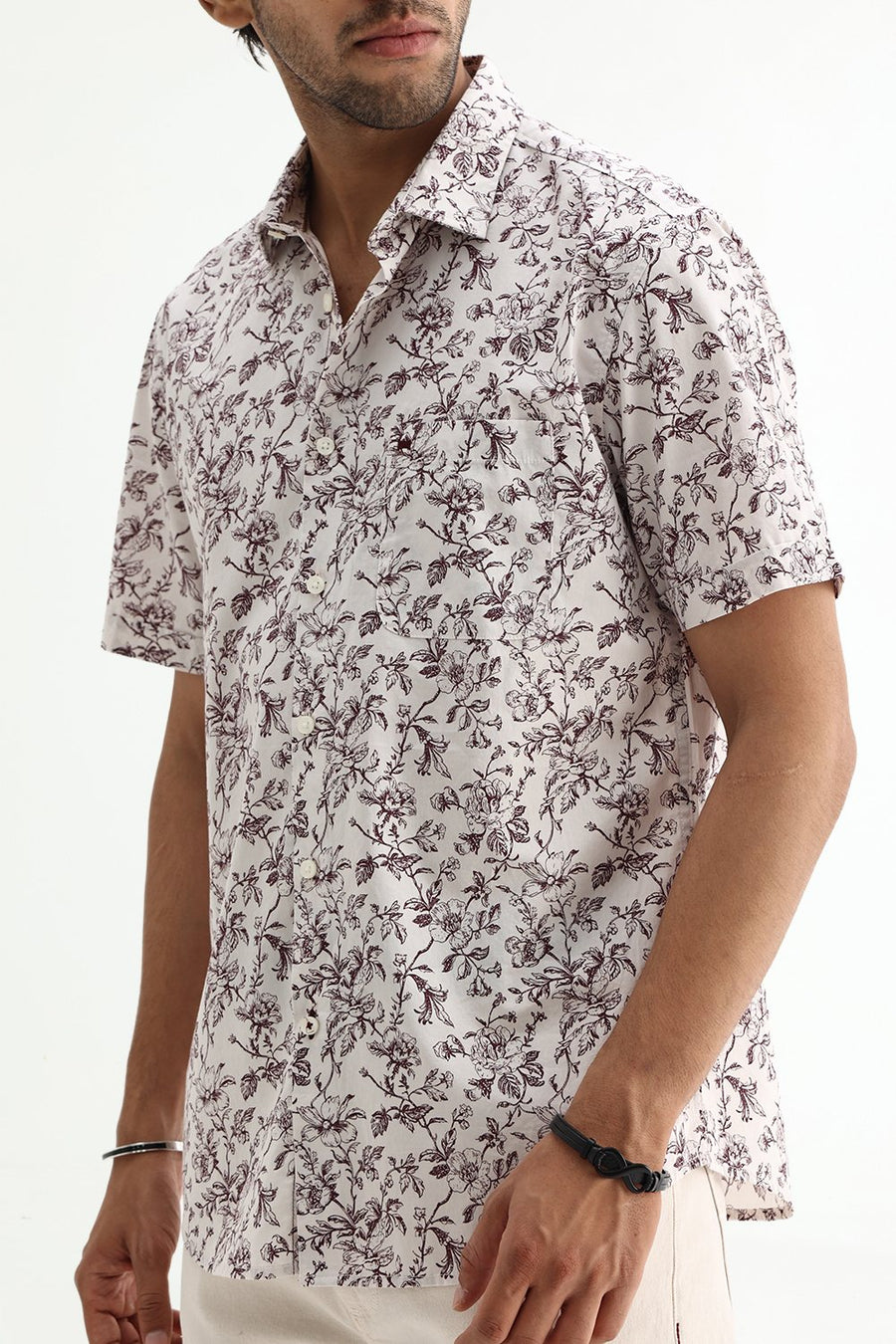 BASICS SLIM FIT CRYSTAL GREY COTTON POPLIN PRINTED SHIRT