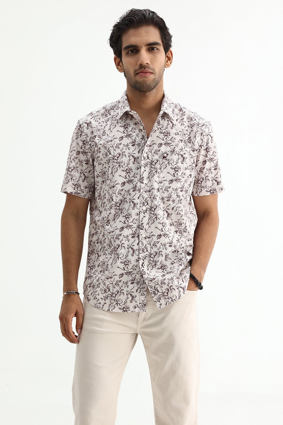 BASICS SLIM FIT CRYSTAL GREY COTTON POPLIN PRINTED SHIRT
