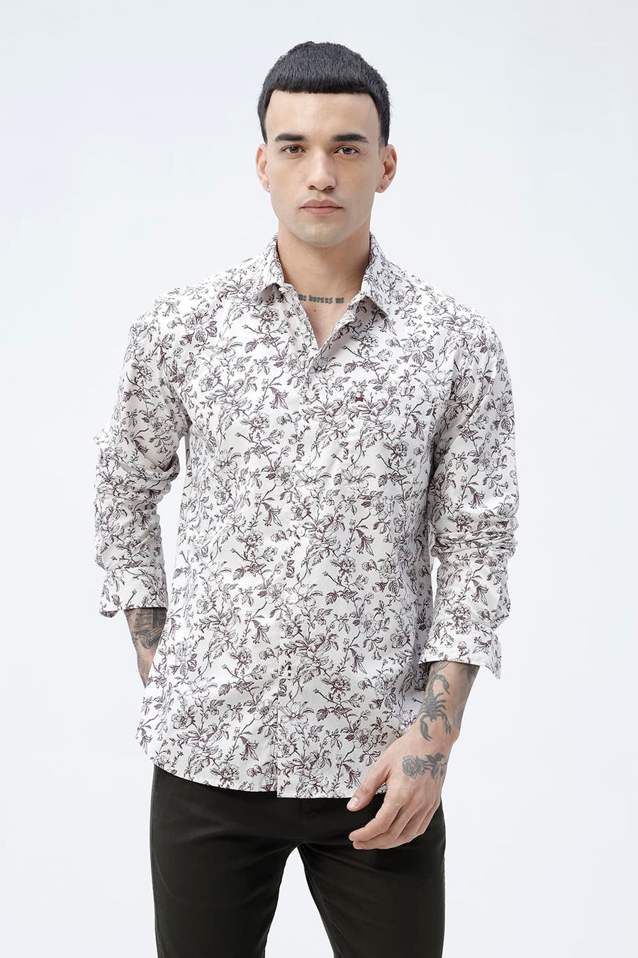BASICS SLIM FIT CRYSTAL GREY COTTON POPLIN PRINTED SHIRT