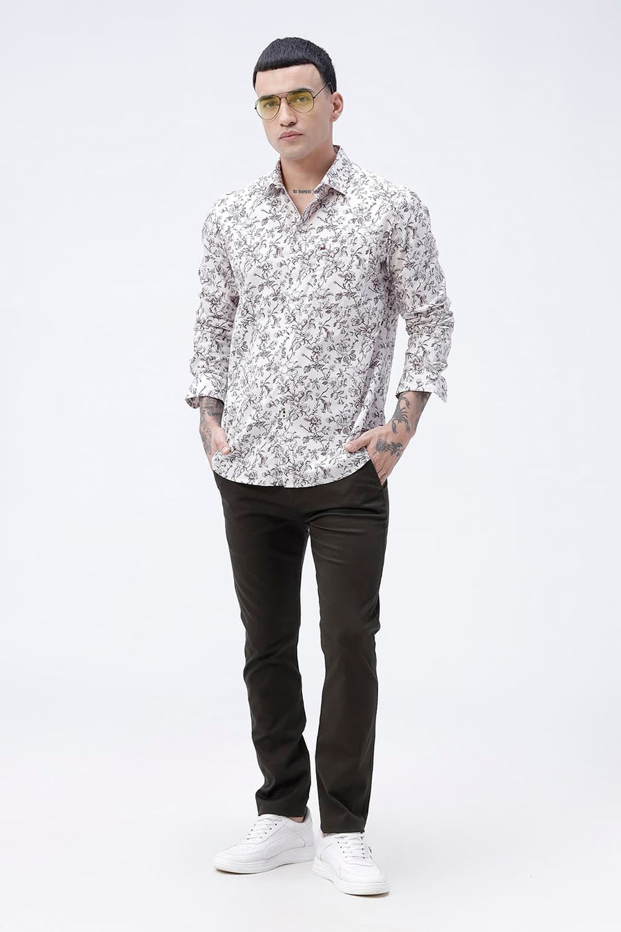 BASICS SLIM FIT CRYSTAL GREY COTTON POPLIN PRINTED SHIRT