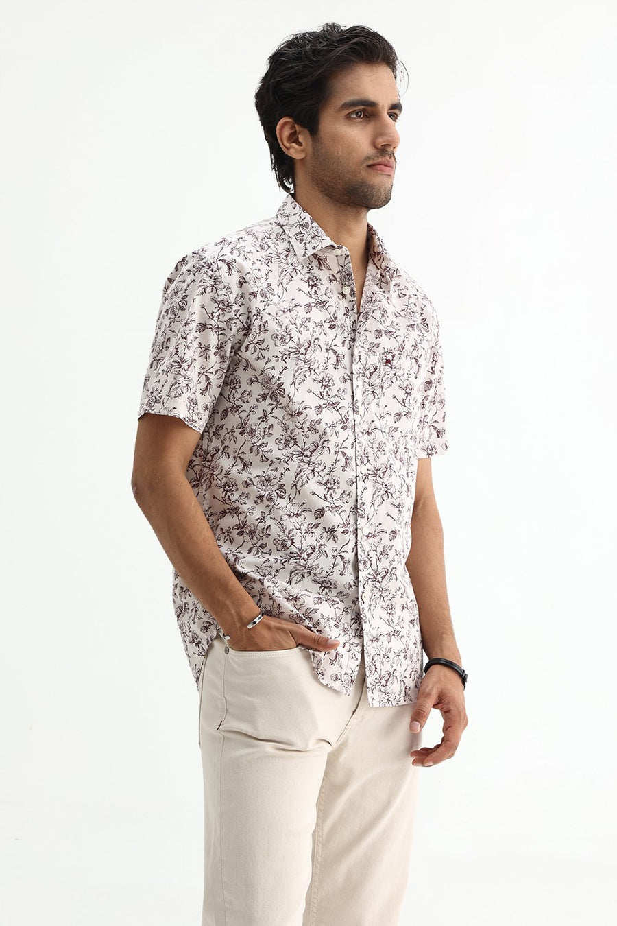 BASICS SLIM FIT CRYSTAL GREY COTTON POPLIN PRINTED SHIRT
