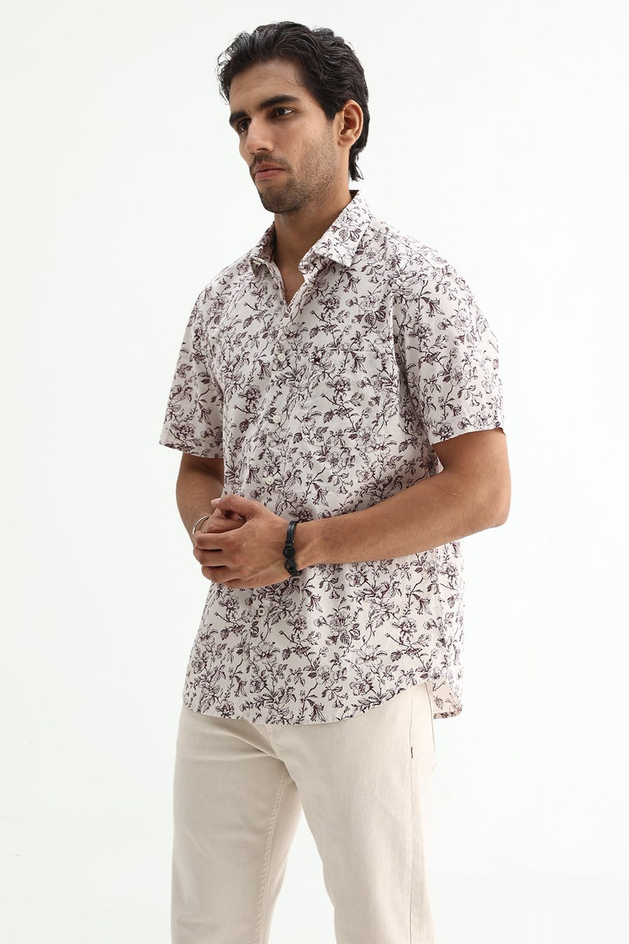 BASICS SLIM FIT CRYSTAL GREY COTTON POPLIN PRINTED SHIRT