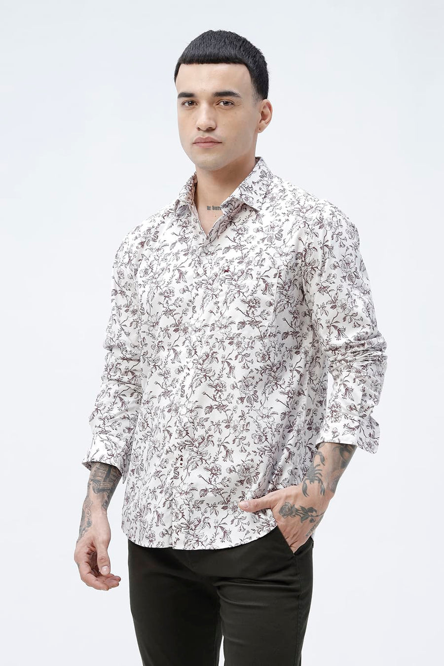 BASICS SLIM FIT CRYSTAL GREY COTTON POPLIN PRINTED SHIRT