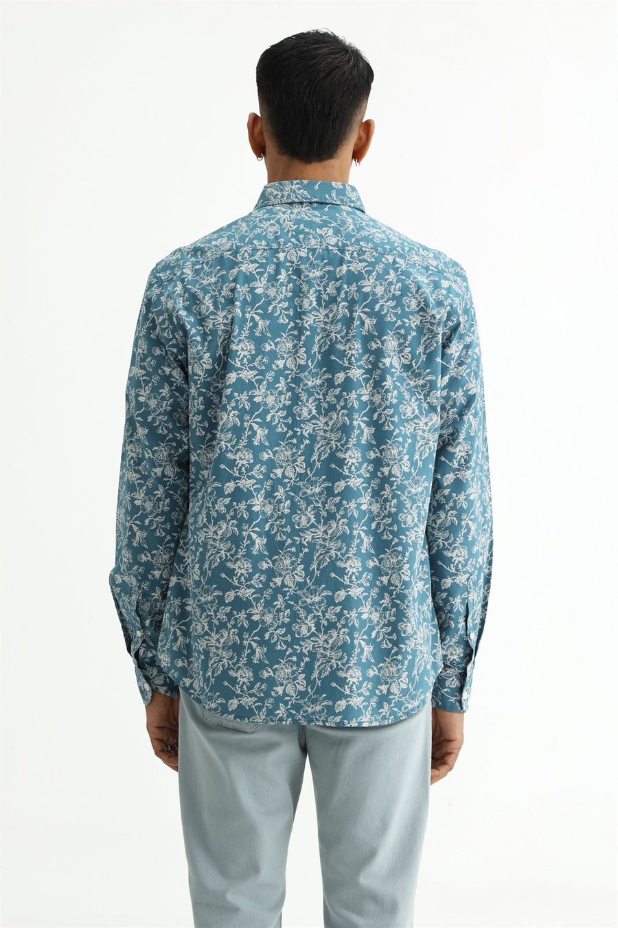 BASICS SLIM FIT SMOKE TEAL COTTON POPLIN PRINTED SHIRT